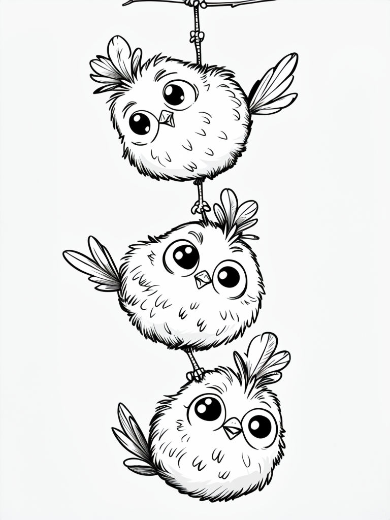 Adorable Whimsical Cartoon Birds in a Playful Stack Illustration Coloring Book Pages