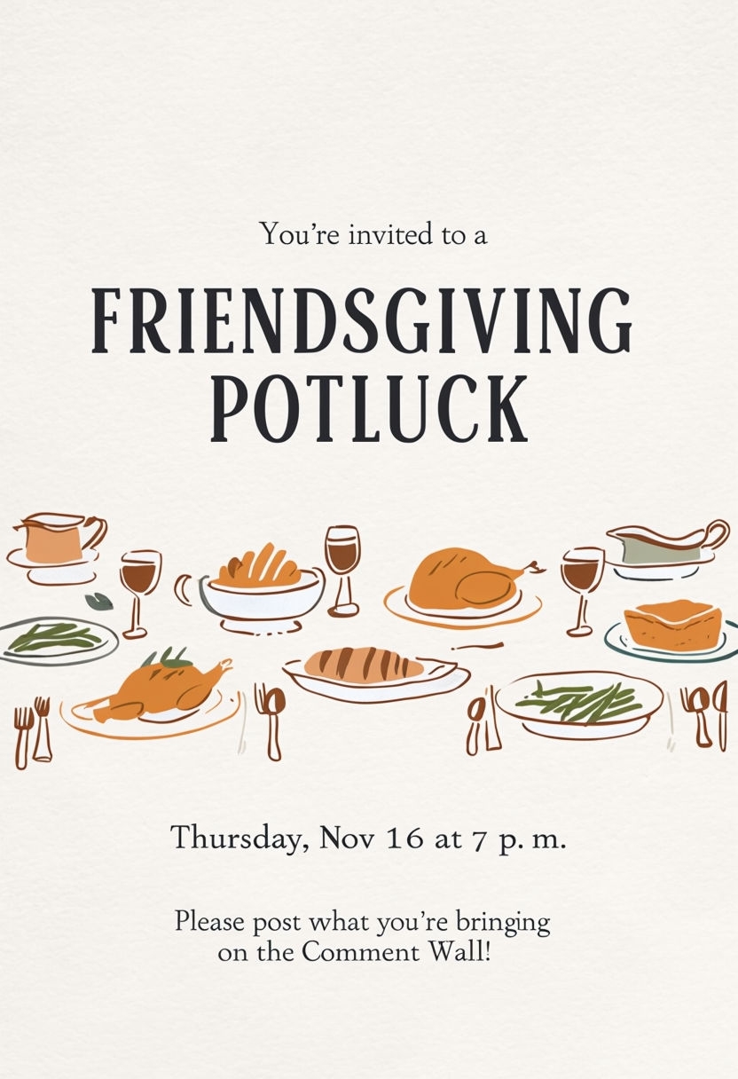 Charming Friendsgiving Potluck Invitation with Hand-Drawn Design Cards & Invite