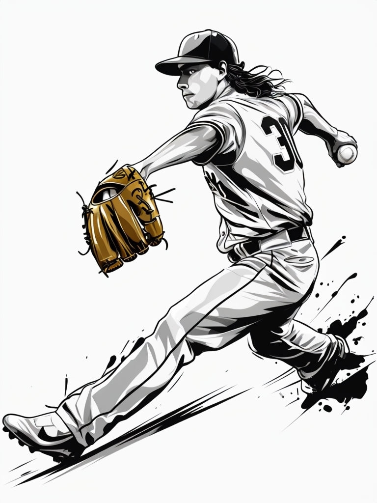 Dynamic Black and White Baseball Pitcher Illustration Art