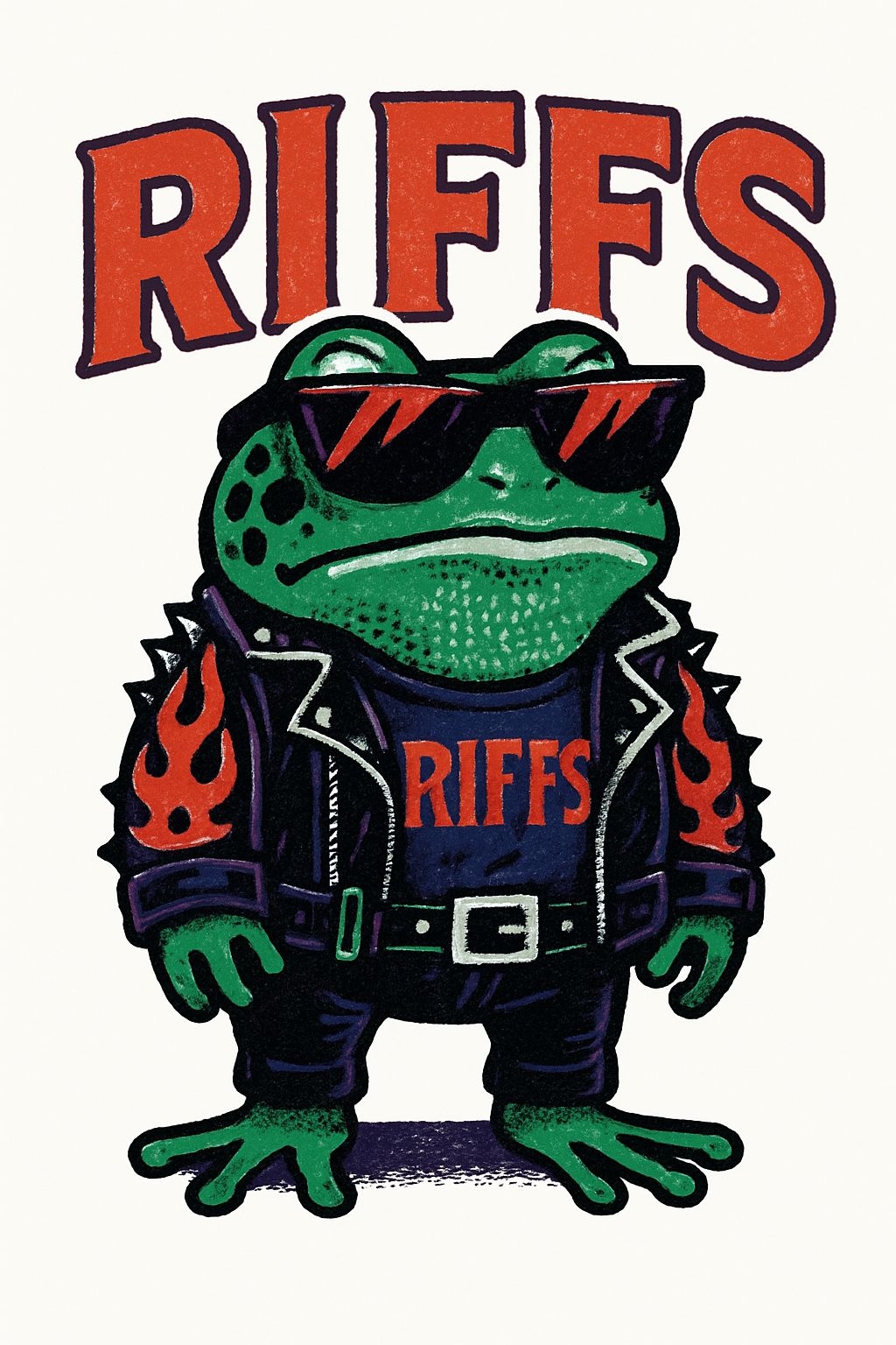 Vibrant Cartoon Punk Rock Frog with Riffs Graphic T-Shirt