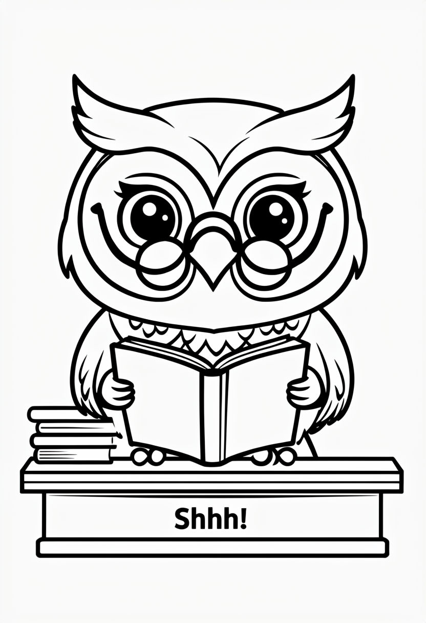 Cheerful Owl Librarian Line Drawing for Coloring Book Pages
