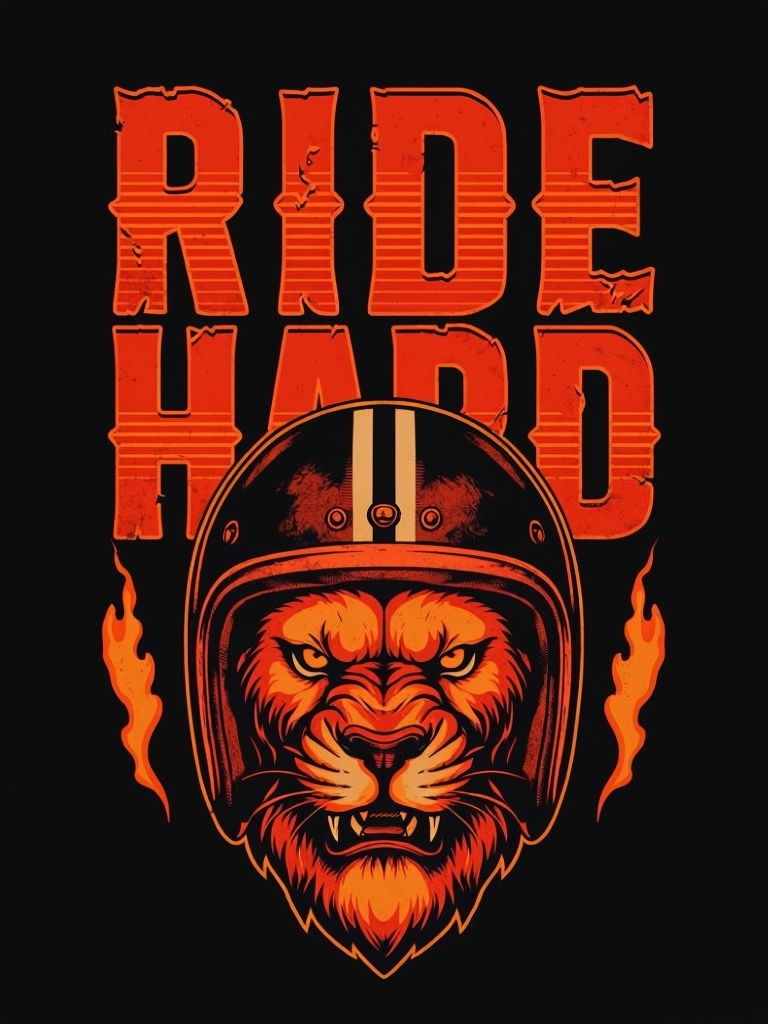 Bold RIDE HARD Lion Motorcycle Graphic T-Shirt