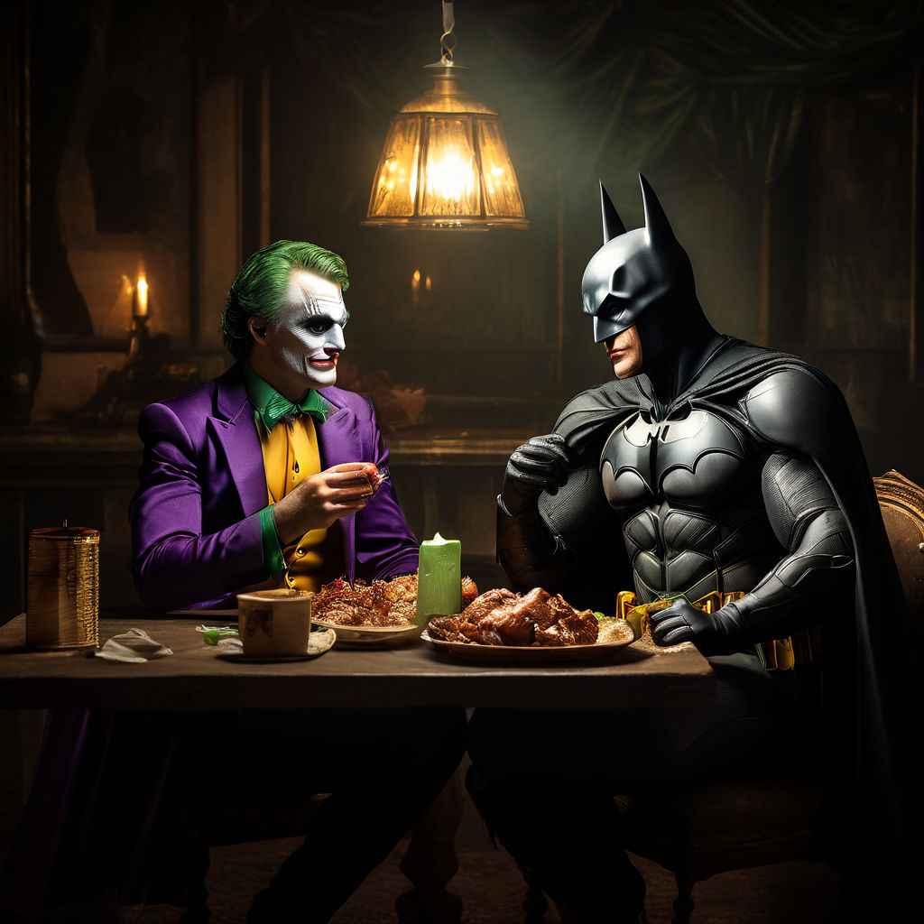 Batman and the joker are sitting next to each other on a couch while each  is holding a glass of whiskey. The joker looks like the Joaquin Phoenix  version. Batman looks like