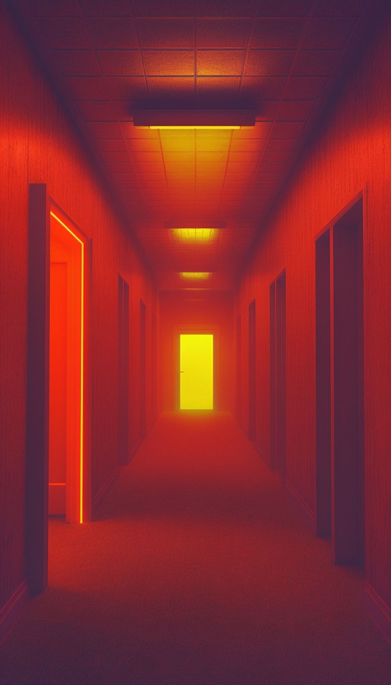 Eerie Red Corridor with Yellow Door Digital Artwork Mobile Wallpaper