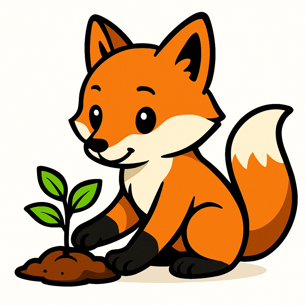 Cute Cartoon Fox Nurturing Plant with Cheerful Expression Sticker