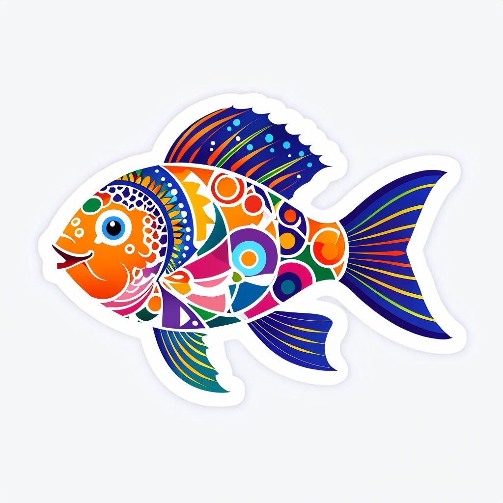 Vibrant Cartoon Fish Illustration with Colorful Patterns Sticker