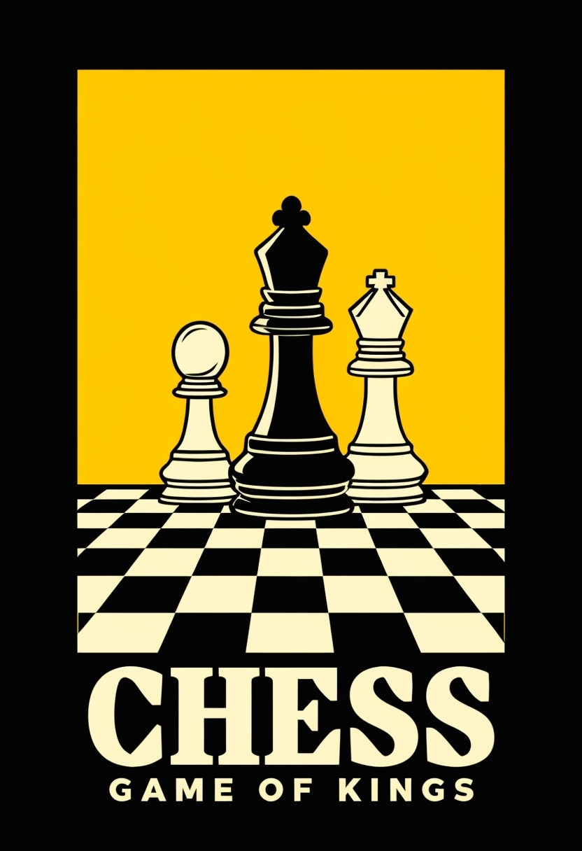 Minimalist Chess Game Poster with Bold Pieces on Yellow Background