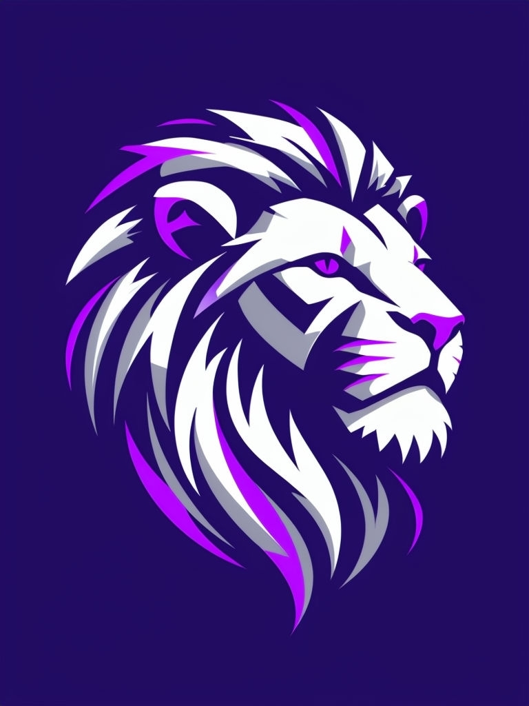 Bold Geometric Lion Head Illustration Against Deep Indigo Background Art