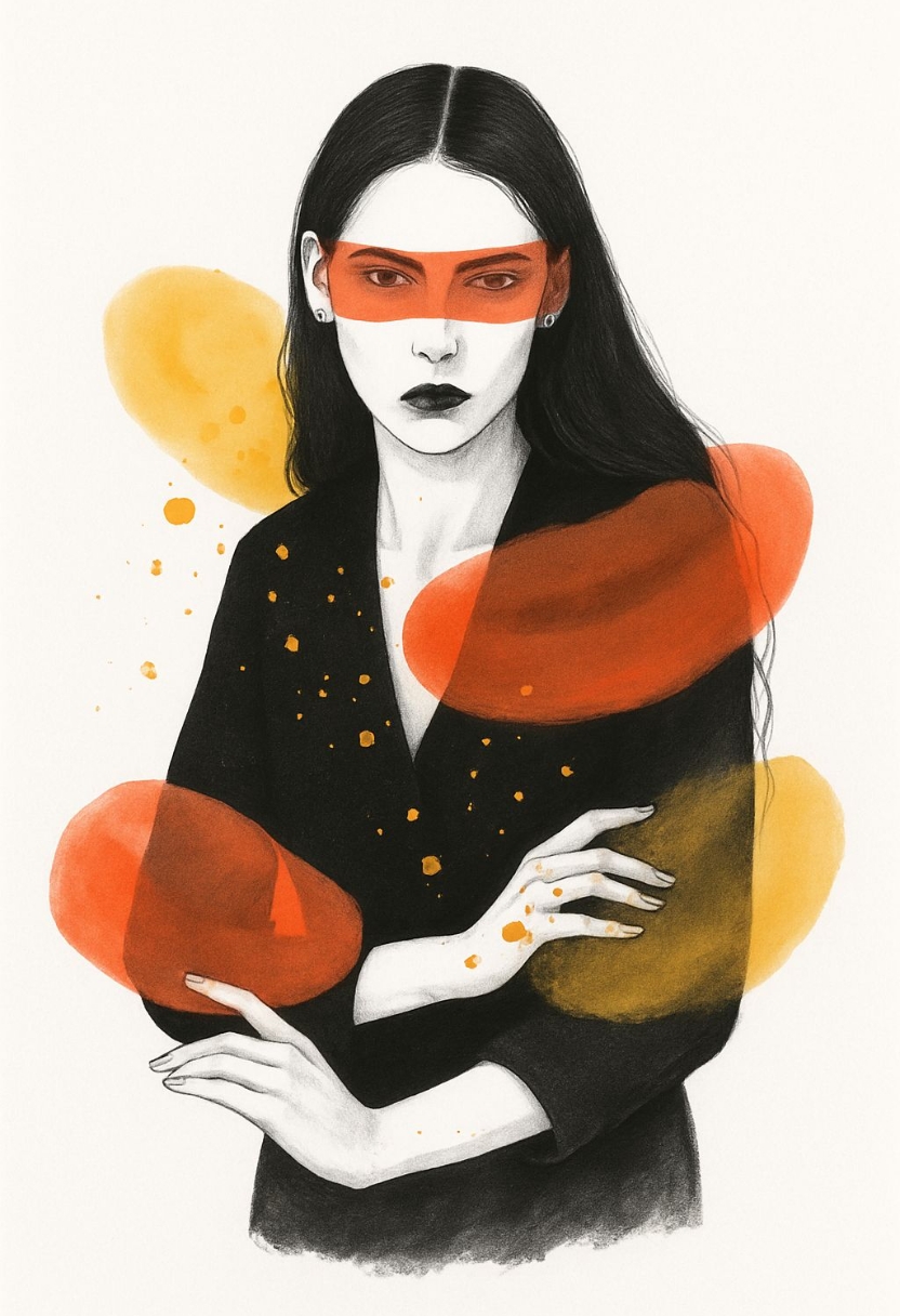 Contemplative Woman with Abstract Red Mask Mixed Media Art
