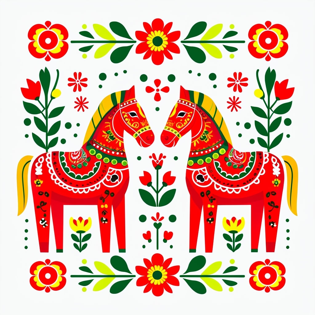 Vibrant Red Dala Horses with Floral Folk Art Seamless Pattern