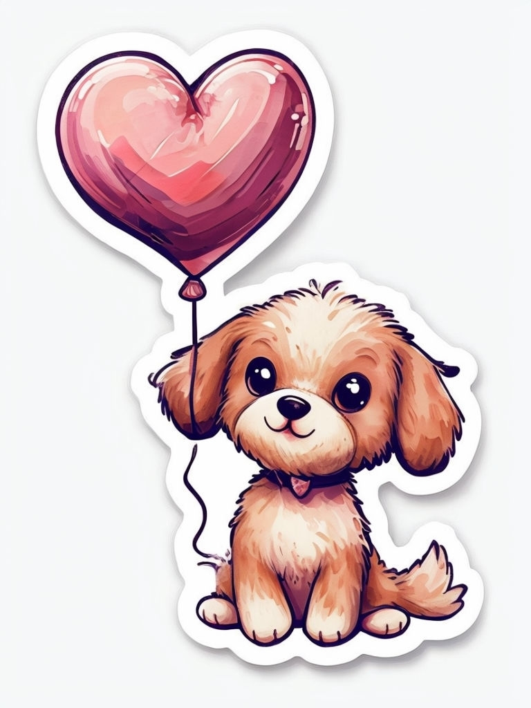 Cute Cartoon Dog with Heart Balloon and 'Pawsitively Luv U' Sticker