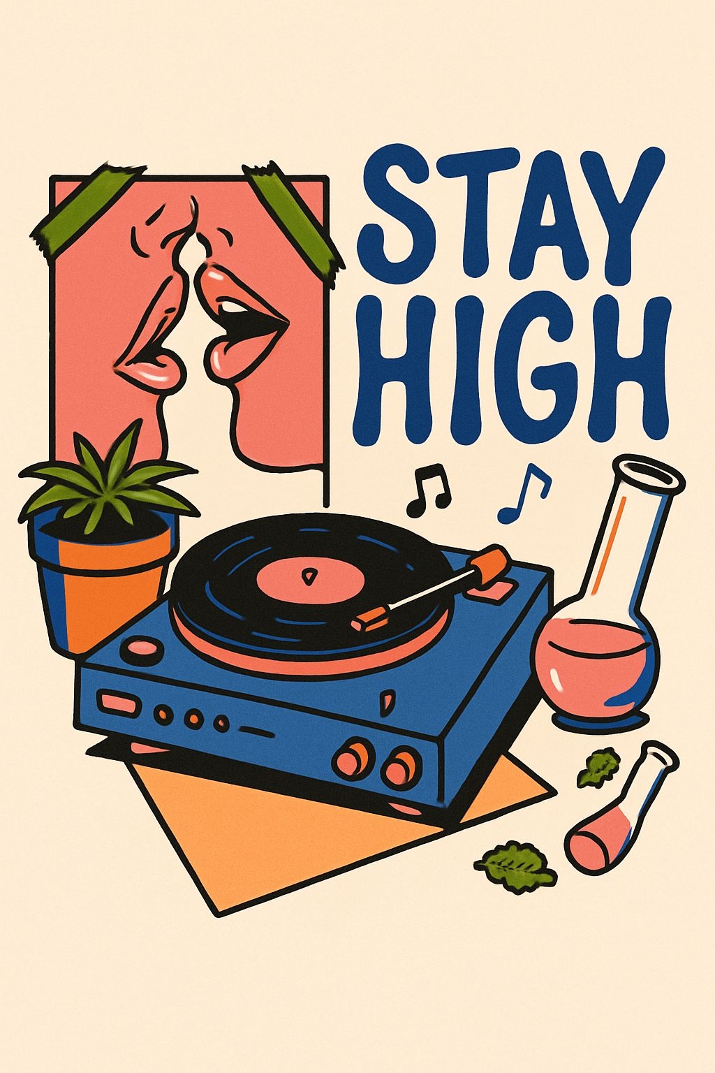 Playful Blue Record Player with Stay High Text T-Shirt