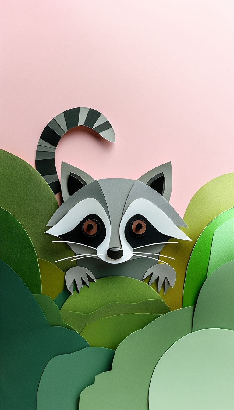 Mischievous Raccoon Cut Paper Collage Art for Mobile Wallpaper