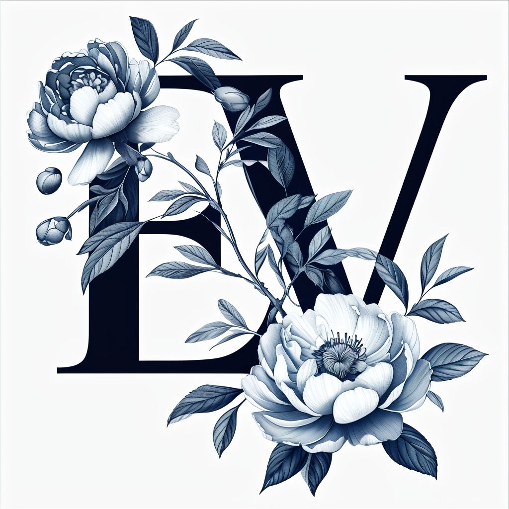 Elegant Navy Blue Floral E V Monogram Design Sticker