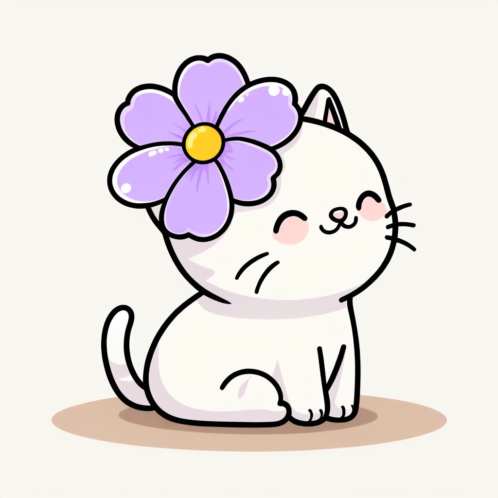 Cute Chubby White Cat with Lavender Flower T-Shirt