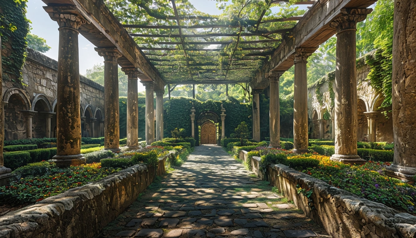 Lush Tranquil Garden Courtyard with Ancient Stone Walls Background