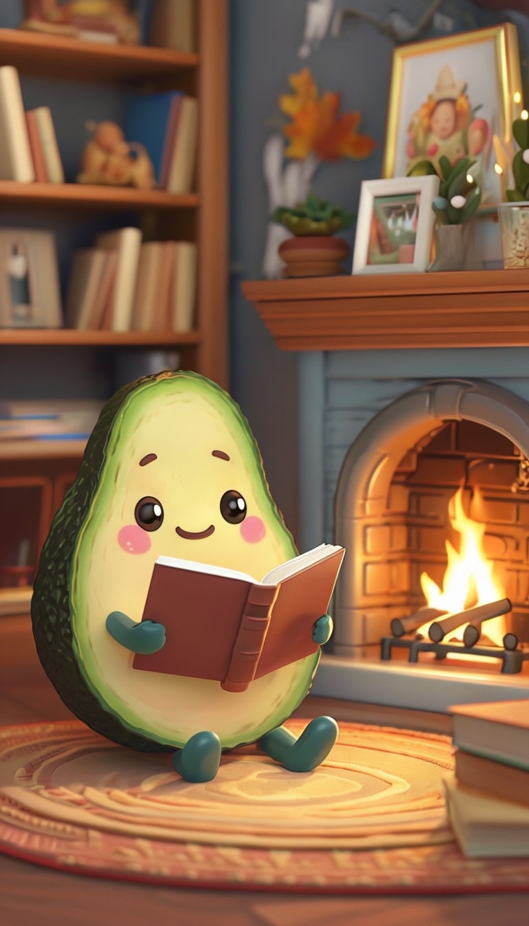 Cheerful Kawaii Avocado Character Reading by Cozy Fireplace Mobile Wallpaper
