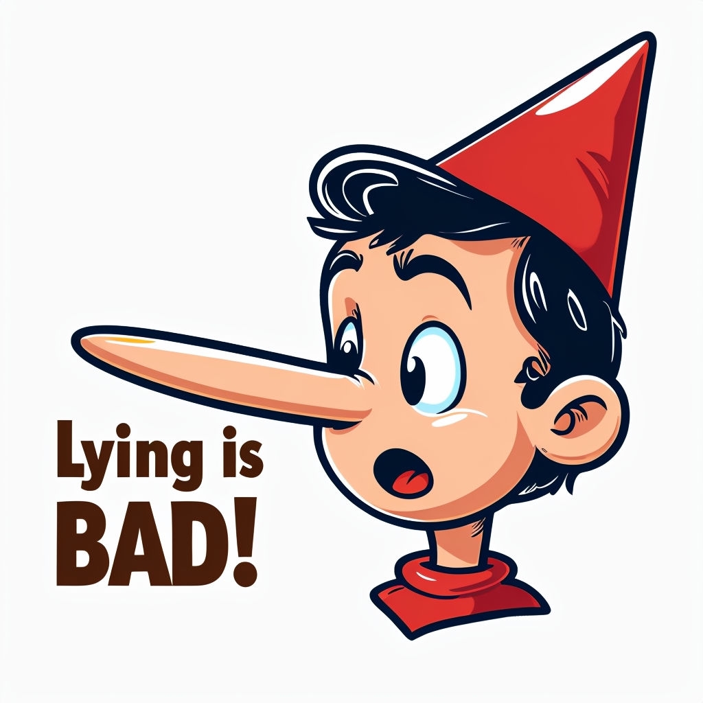 Comical Pinocchio with Long Nose and 'Lying is BAD!' Text Sticker