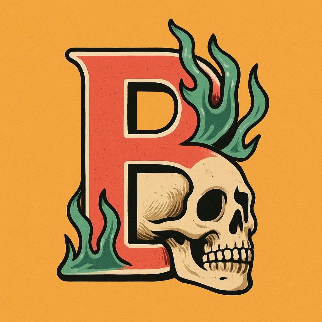 Vintage Gothic Letter B with Skull and Green Flames Artwork Monogram