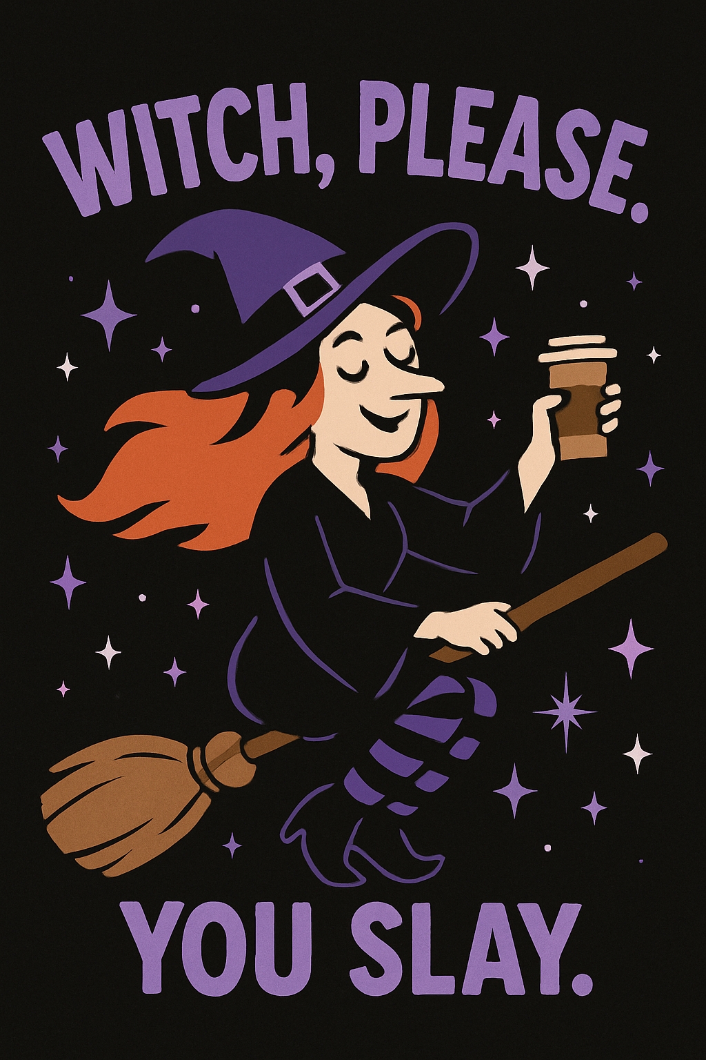 Cheerful Witch Flying on Broomstick with Coffee Cartoon Card Design
