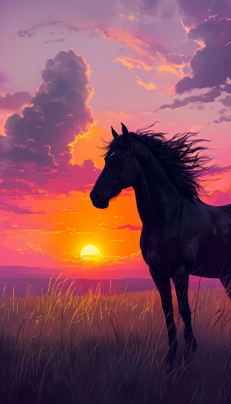Majestic Black Horse Silhouette at Sunset in Serene Landscape Mobile Wallpaper
