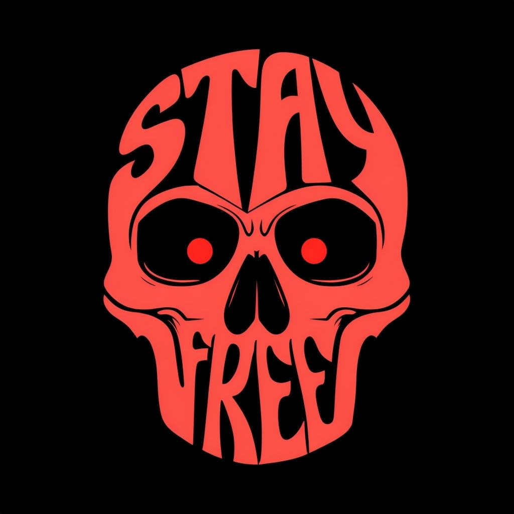 Vibrant Coral Red Skull Design with Stay Free Phrase T-Shirt