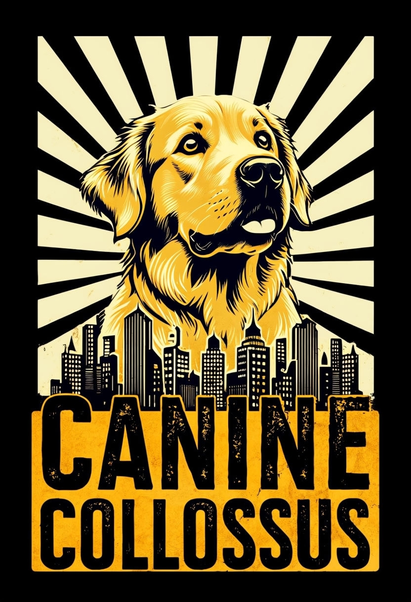 Friendly Golden Retriever Giant Over City Skyline Graphic Poster