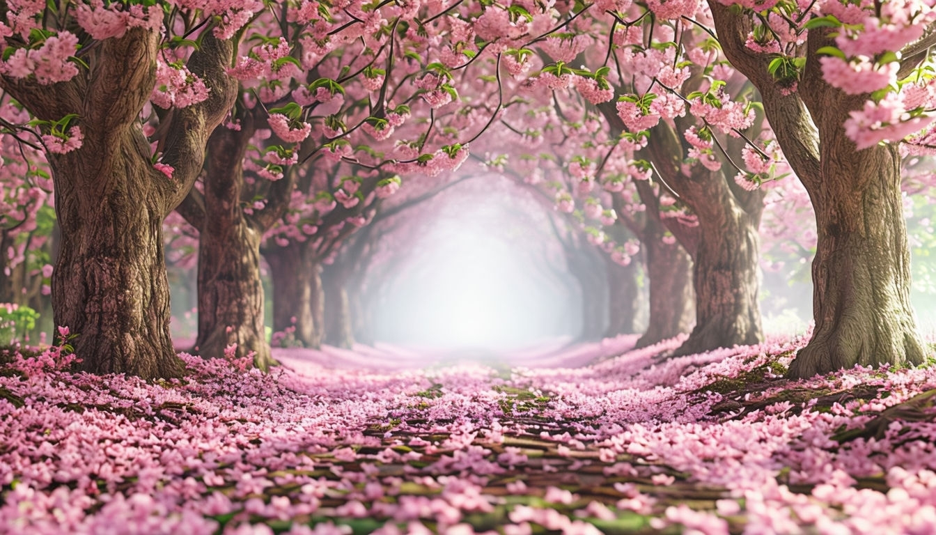 Serene Cherry Blossom Pathway in Springtime Virtual Backgrounds