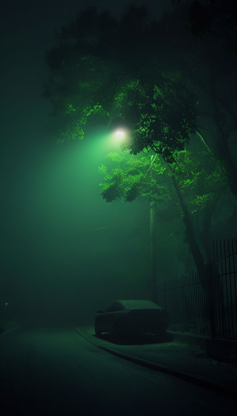 Mysterious Foggy Night Street with Neon Green Light Mobile Wallpaper