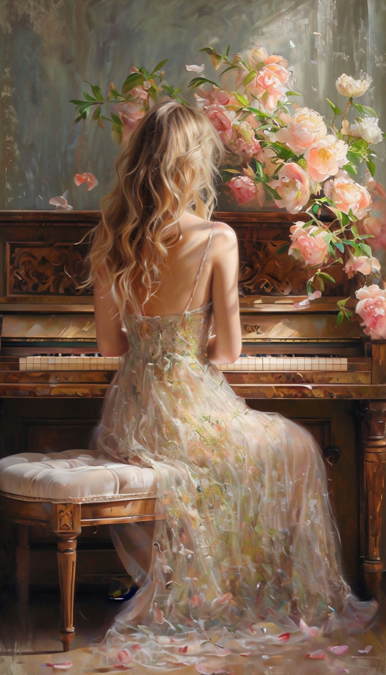 Romantic Woman at Piano with Peonies Impressionistic Art 