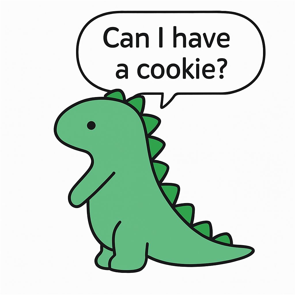 Friendly Green Dinosaur Asking for a Cookie Sticker