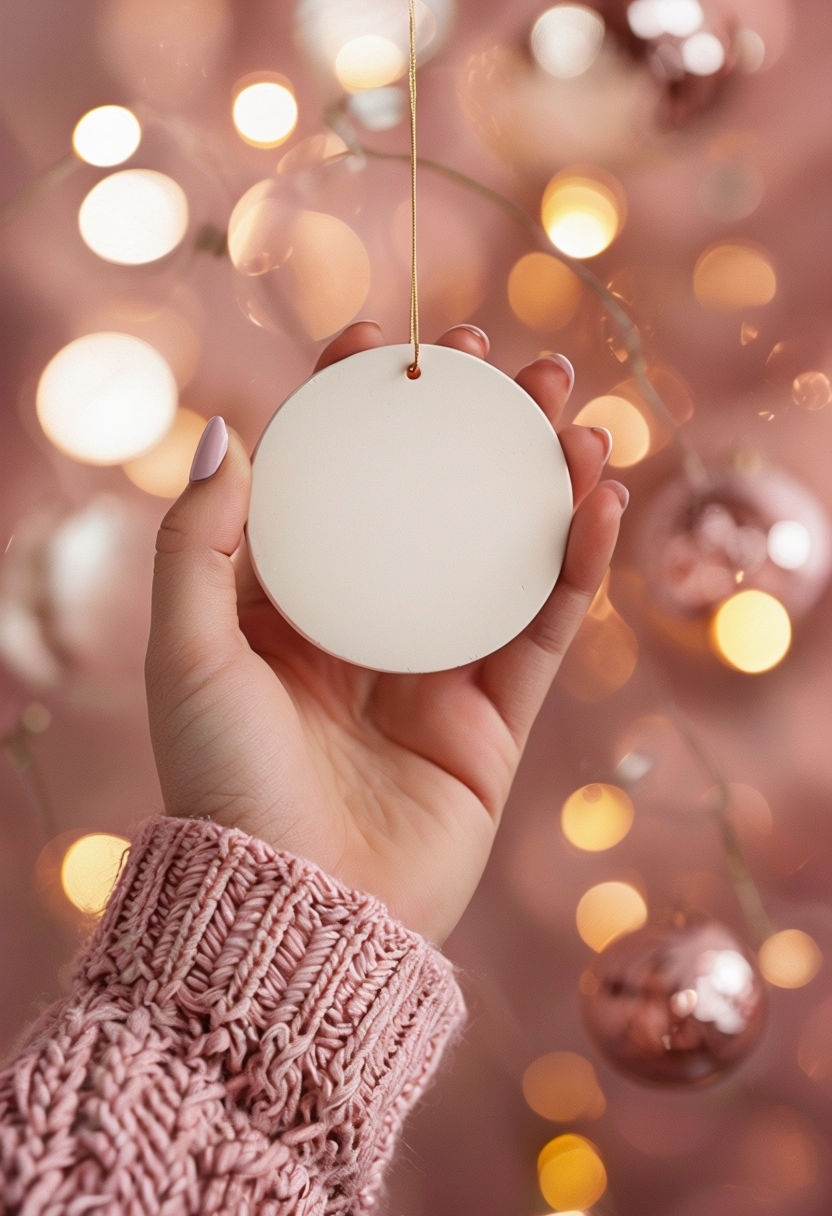 Cozy Pink Sweater with White Ceramic Ornament Mockup