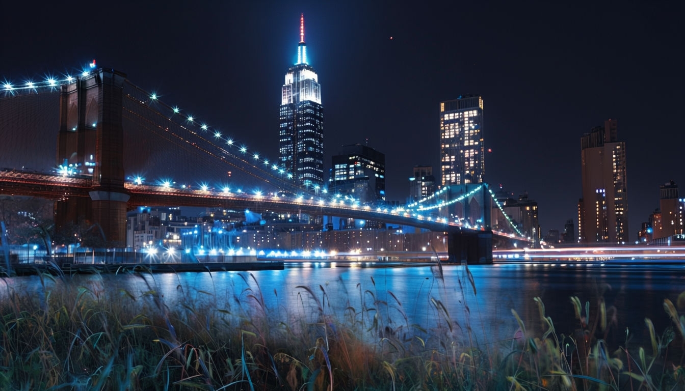 Tranquil Nighttime Cityscape with Brooklyn Bridge Background
