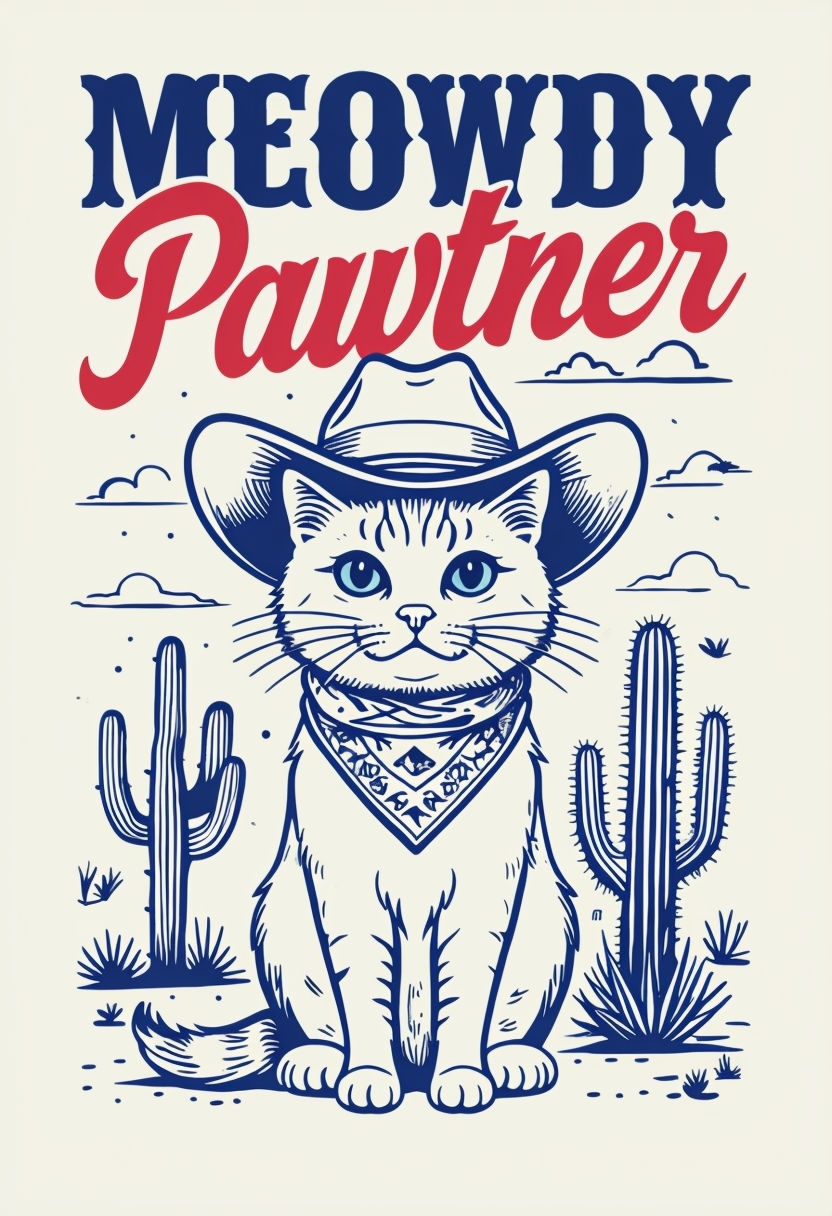 Whimsical Cat in Cowboy Hat 'Meowdy Pawtner' T-Shirt