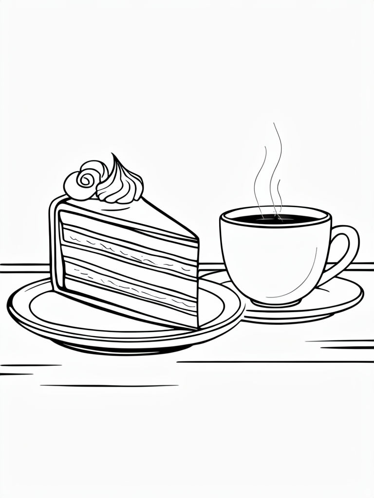 Minimalist Cake and Coffee Still Life Line Drawing Coloring Book Pages