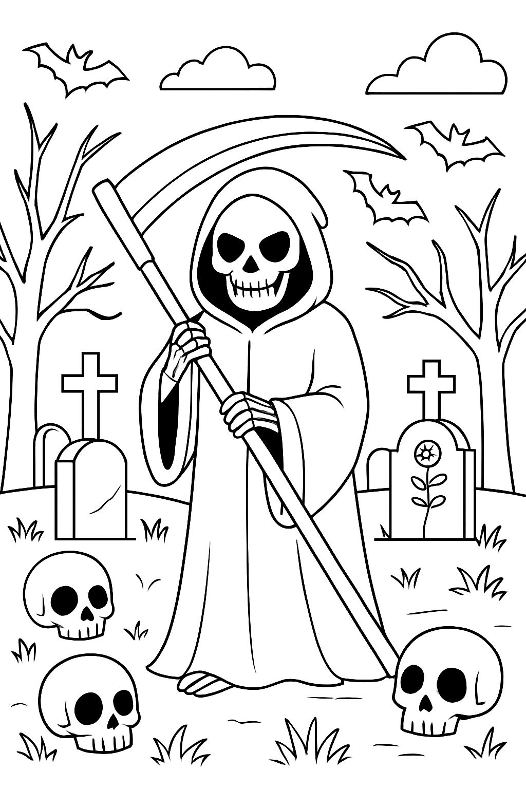 Eerie Cartoon Grim Reaper in a Spooky Graveyard Coloring Book Pages