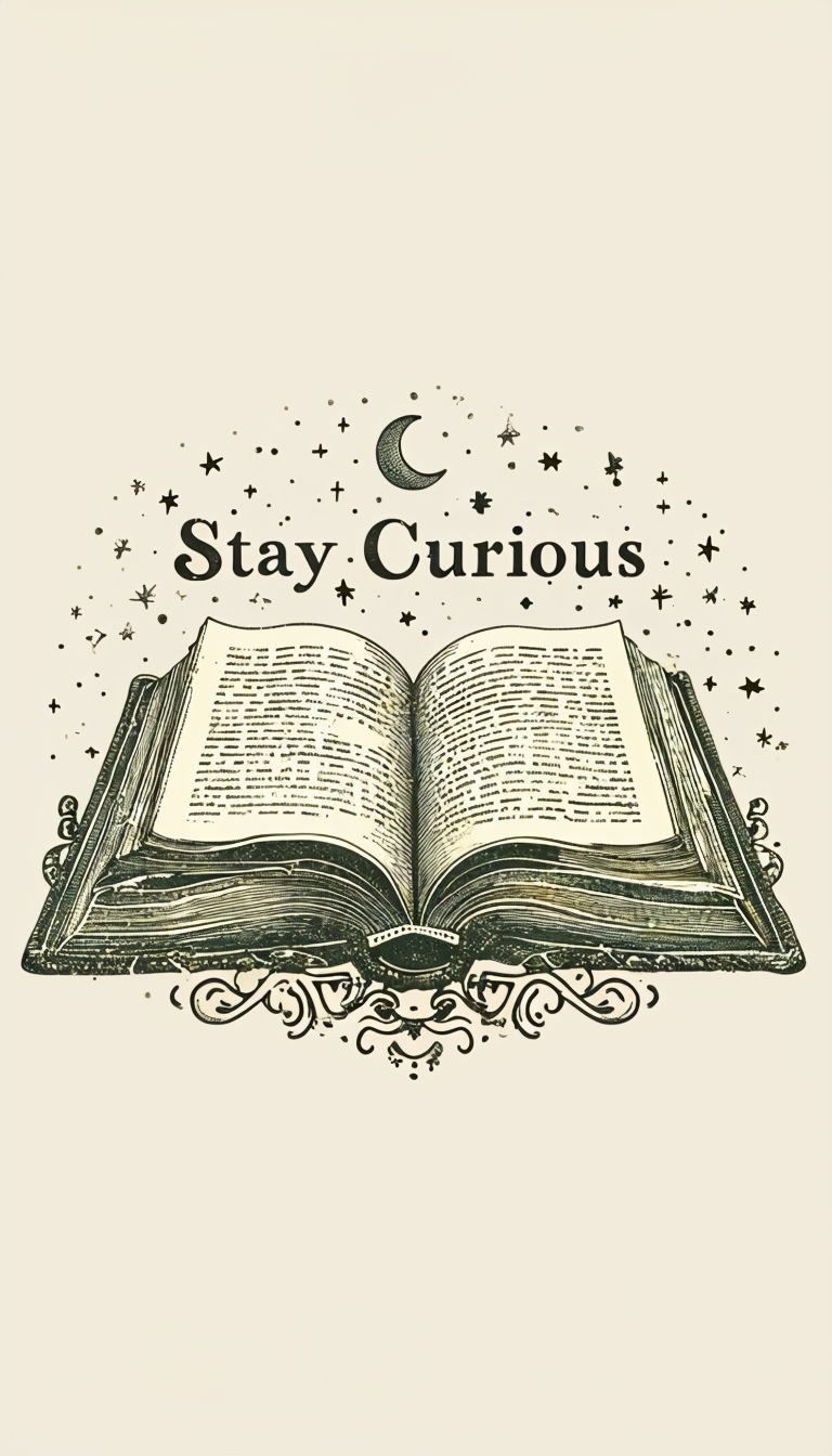 Vintage Open Book Illustration with Stay Curious Art