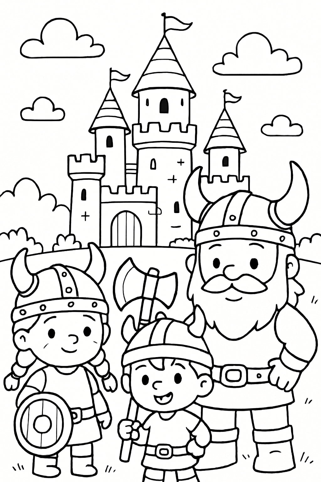 Cartoon Viking Characters in Front of a Castle Coloring Page