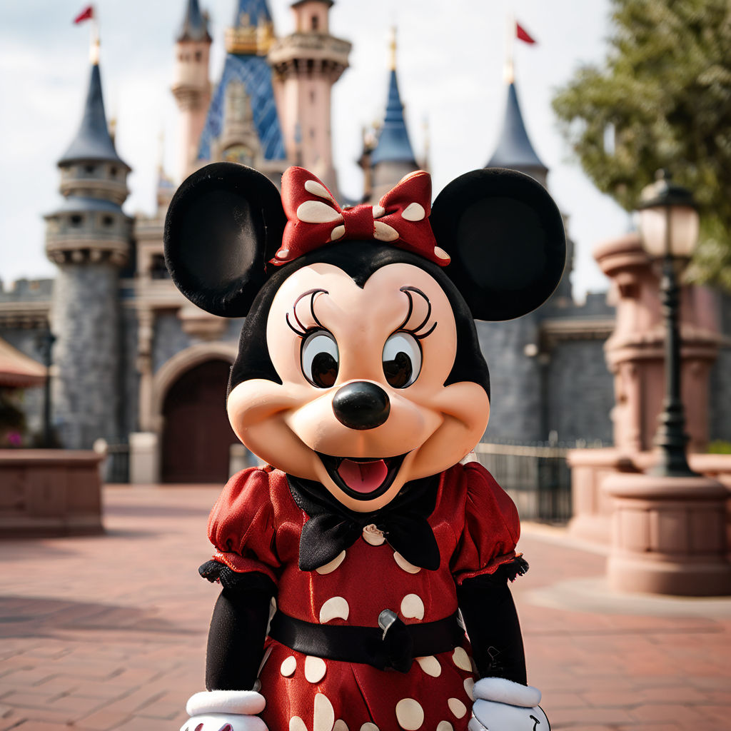 A close up of minnie mouse posing in front of Disneyland. by Sophia Loo