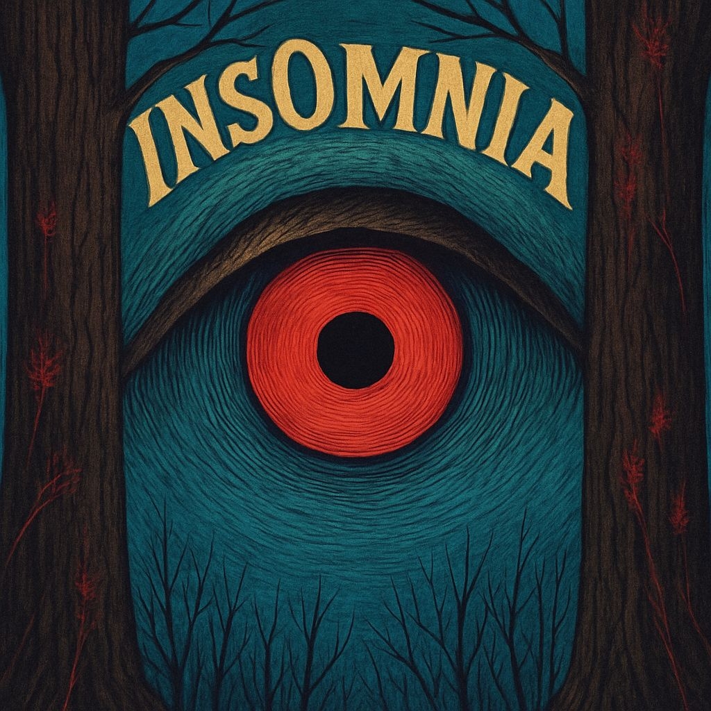 Surreal Dark Forest with Oversized Eye and Insomnia Title Spotify Album Cover
