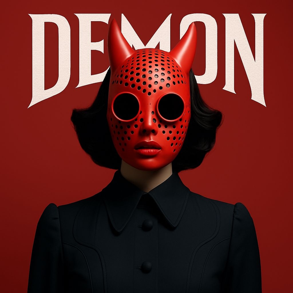 Striking Red Demon Mask Portrait with Bold Text for Album Cover