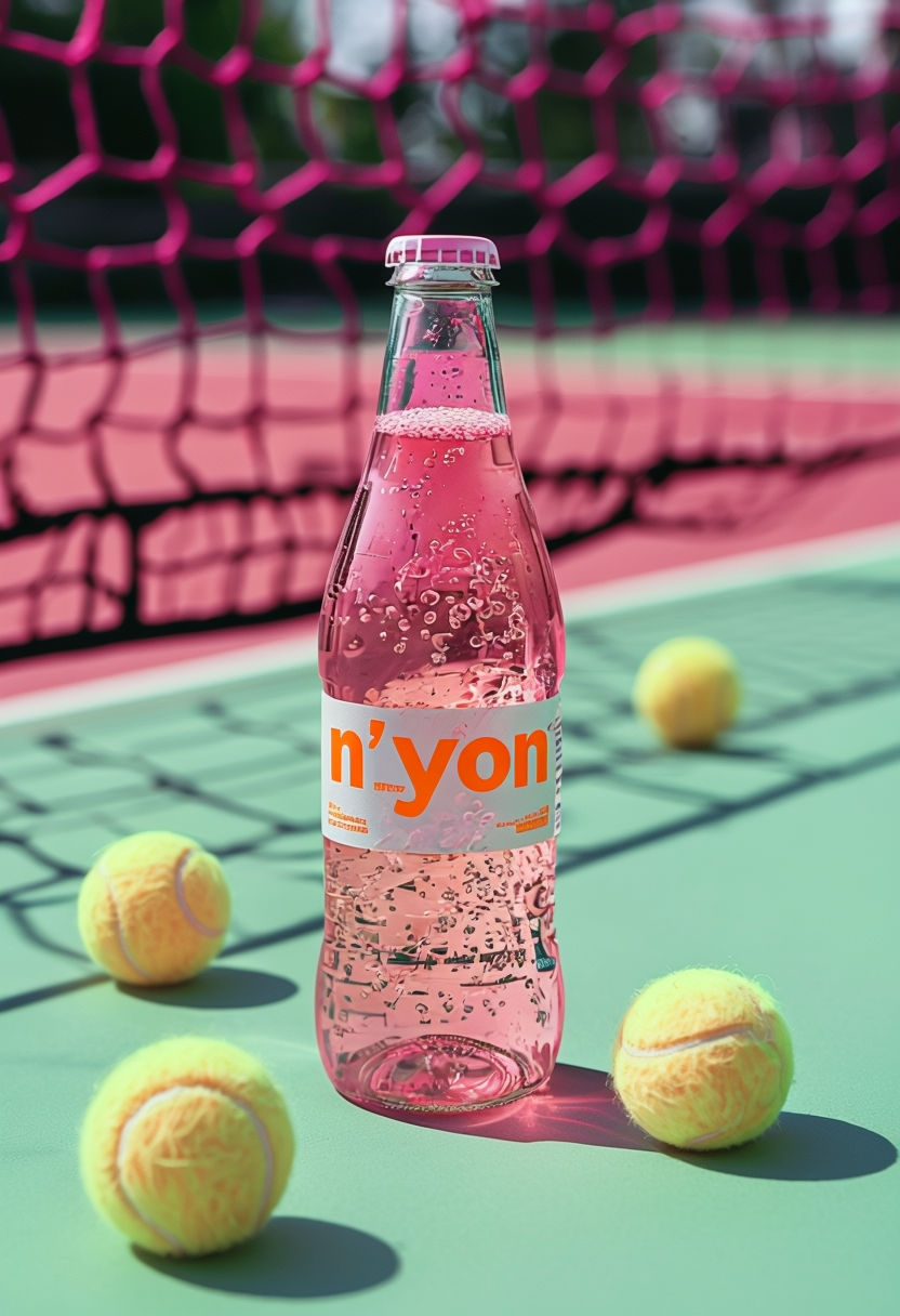 Vibrant Pink Soda Bottle with Tennis Balls Still Life Art