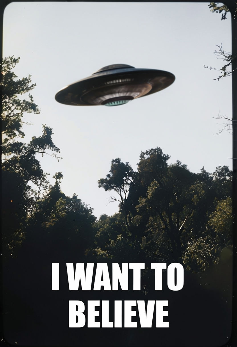 Classic UFO Hovering Over Forest with 'I Want to Believe' Text Poster