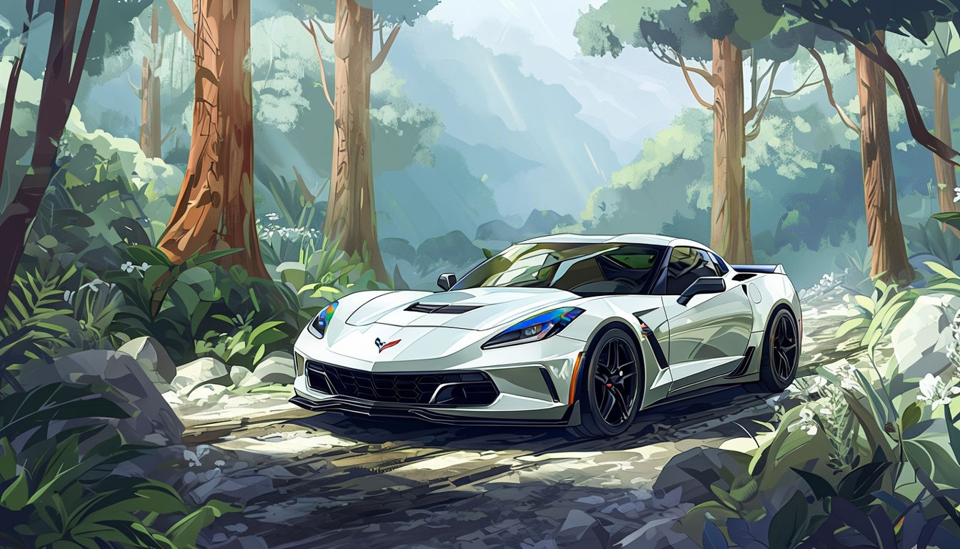 Serene Forest Scene with a Chevrolet Corvette Digital Illustration Virtual Backgrounds