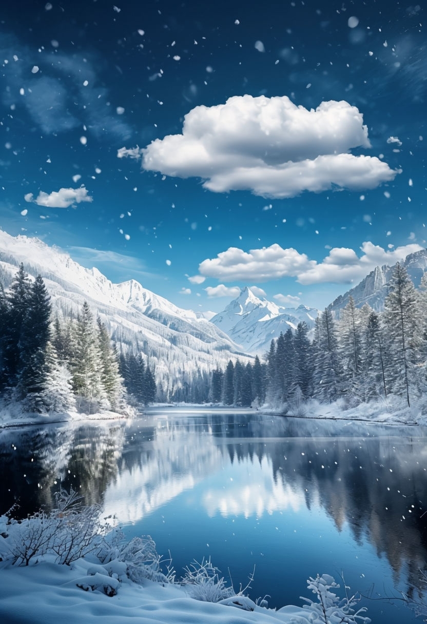 Serene Winter Landscape with Reflective Lake and Snowy Pines Mobile Wallpaper