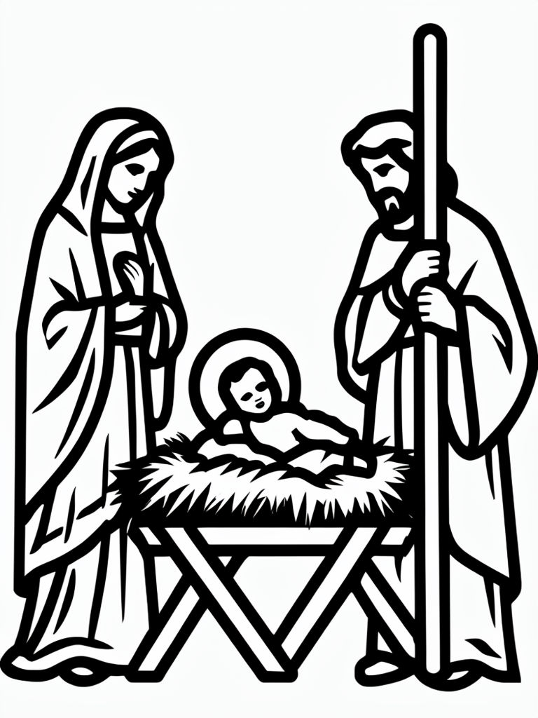 Serene Nativity Scene Black Line Art for Coloring Book Pages