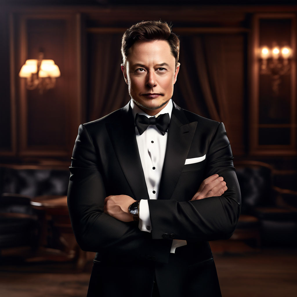 Create a photo of elon musk wearing black tuxedo by Snorri - Playground