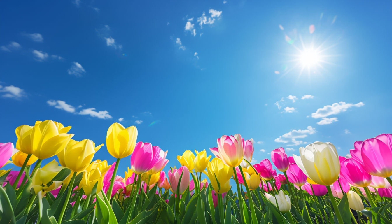 Vibrant Spring Tulip Field Against a Blue Sky Background Virtual Backgrounds