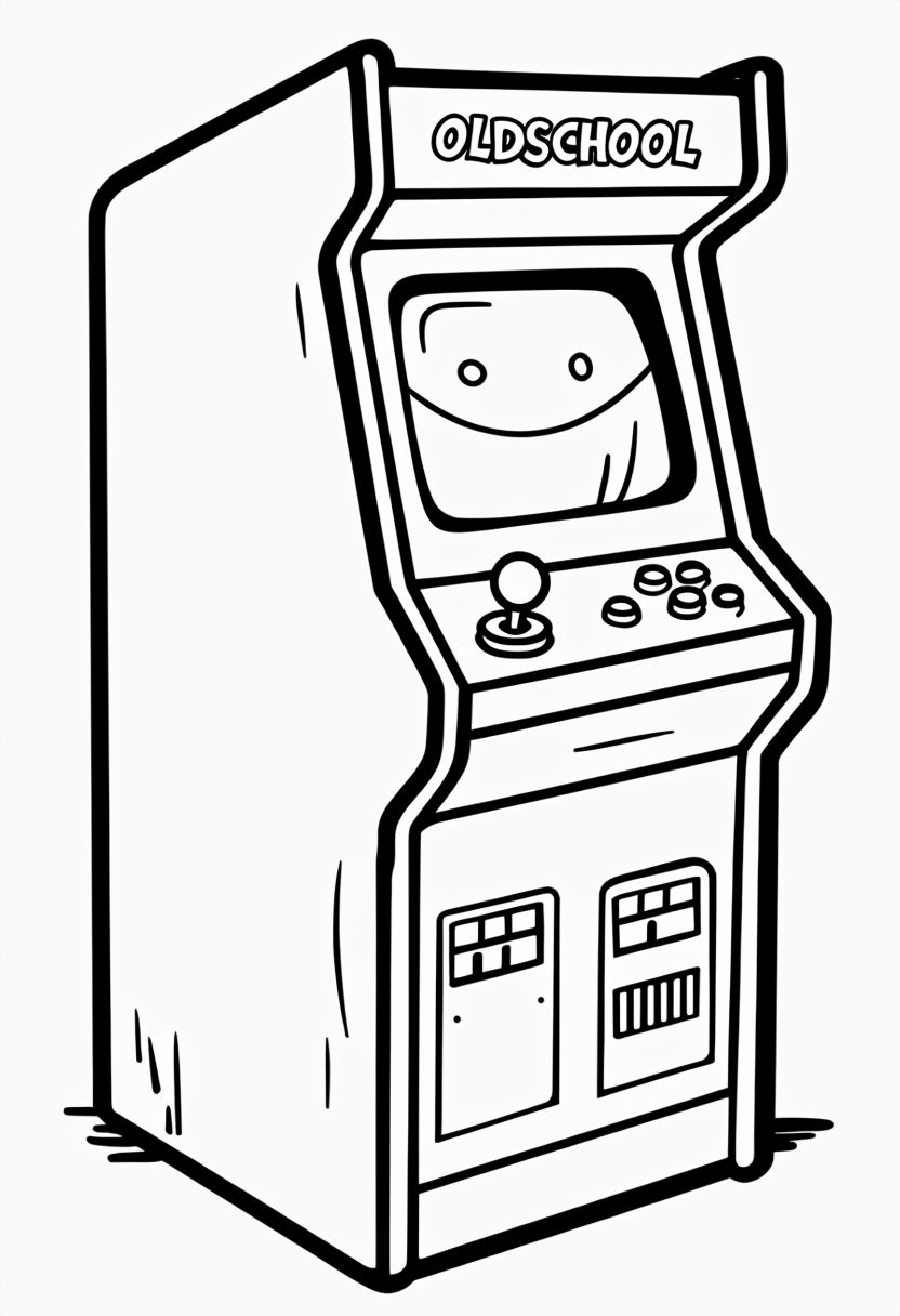 Classic Arcade Cabinet Line Drawing Illustration for Coloring Book Pages