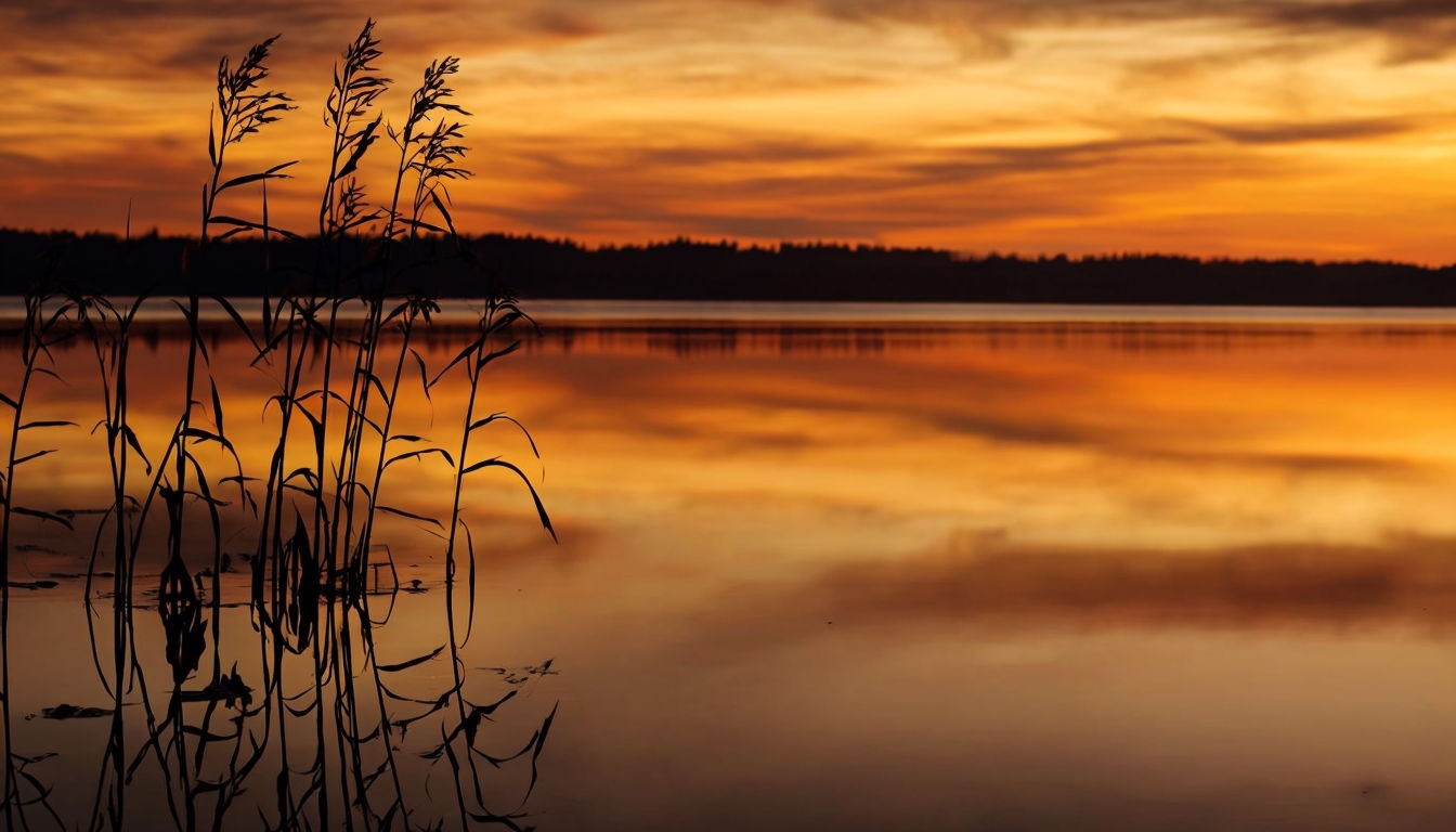 Serene Sunset Over Water with Tall Reeds Virtual Background